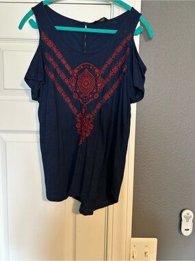 Lucky Brand Cold-Shoulder Navy Top with Red Embroidered Detail